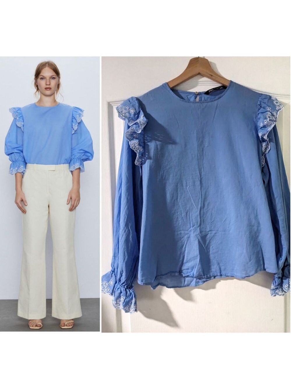 Zara | Eyelet ruffle blouse in blue